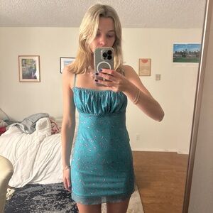 Princess Polly Teal Floral Spaghetti Strap Mini Dress